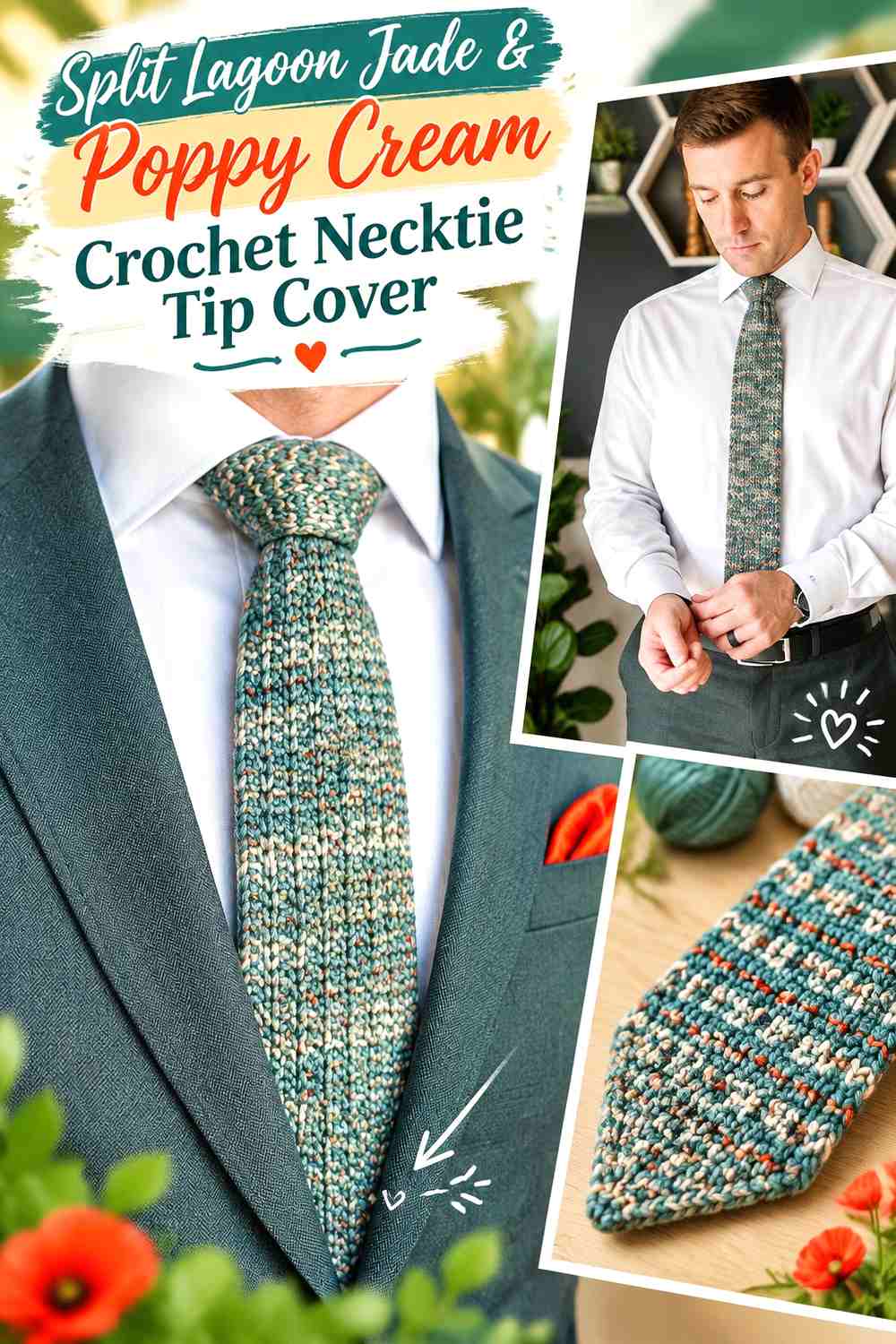 Split Lagoon Jade & Poppy Cream Crochet Necktie Tip Cover