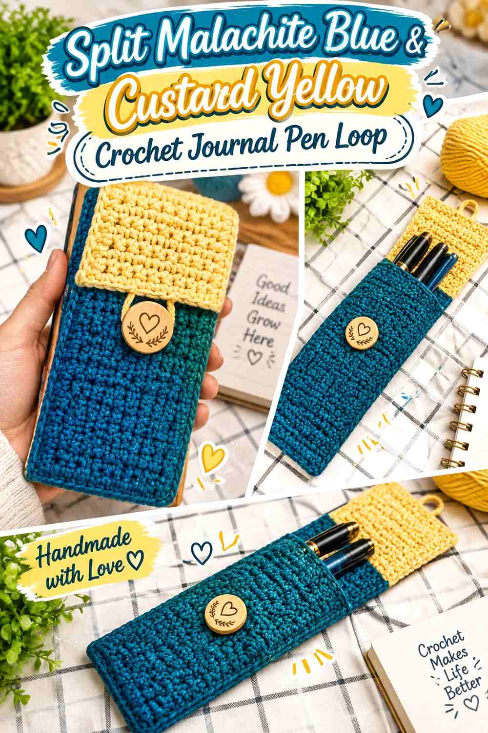 Split Malachite Blue & Custard Yellow Crochet Journal Pen Loop