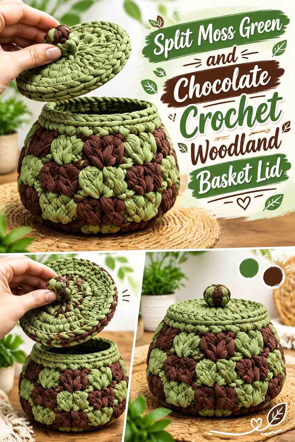 12. Split Moss Green And Chocolate Crochet Woodland Basket Lid