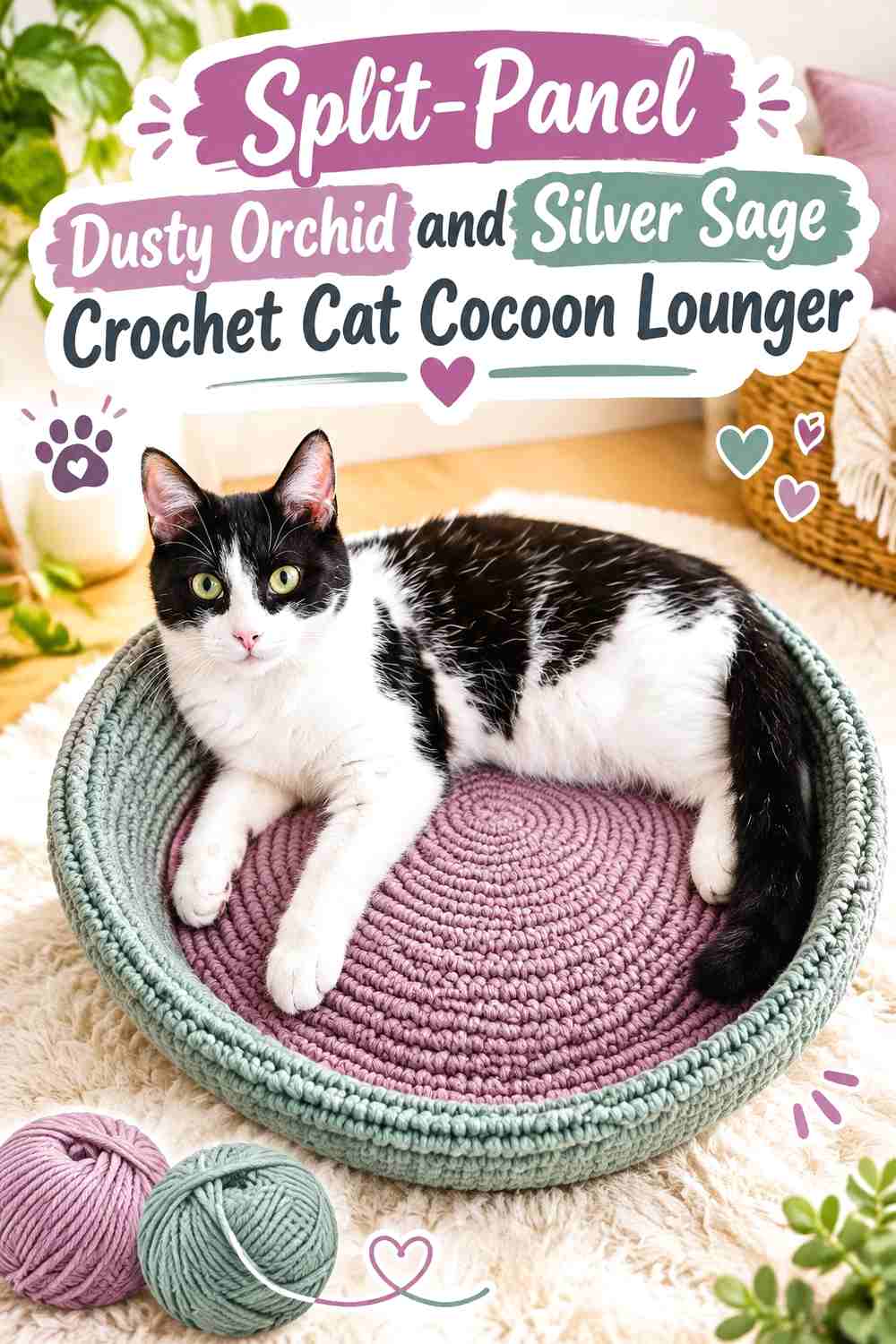Split-Panel Dusty Orchid and Silver Sage Crochet Cat Cocoon Lounger