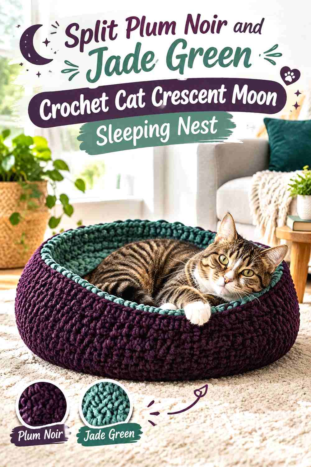Split Plum Noir and Jade Green Crochet Cat Crescent Moon Sleeping Nest