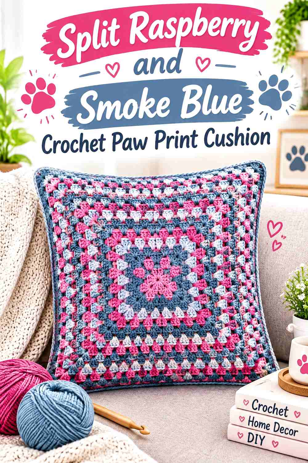 Split Raspberry and Smoke Blue Crochet Paw Print Cushion