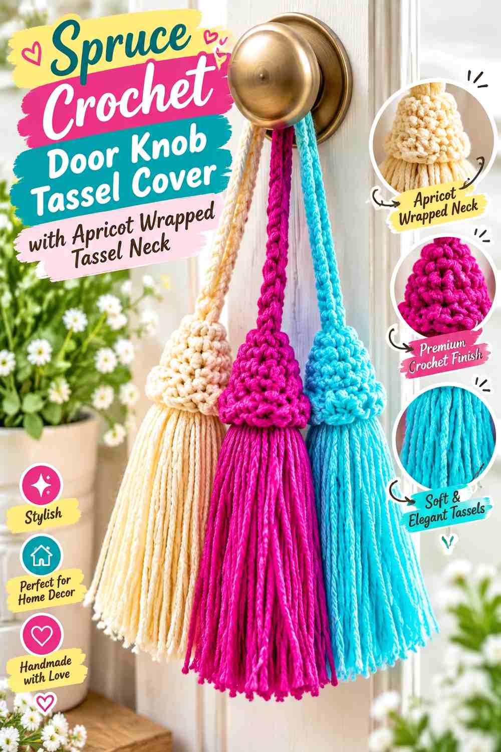Spruce Crochet Door Knob Tassel Cover with Apricot Wrapped Tassel Neck