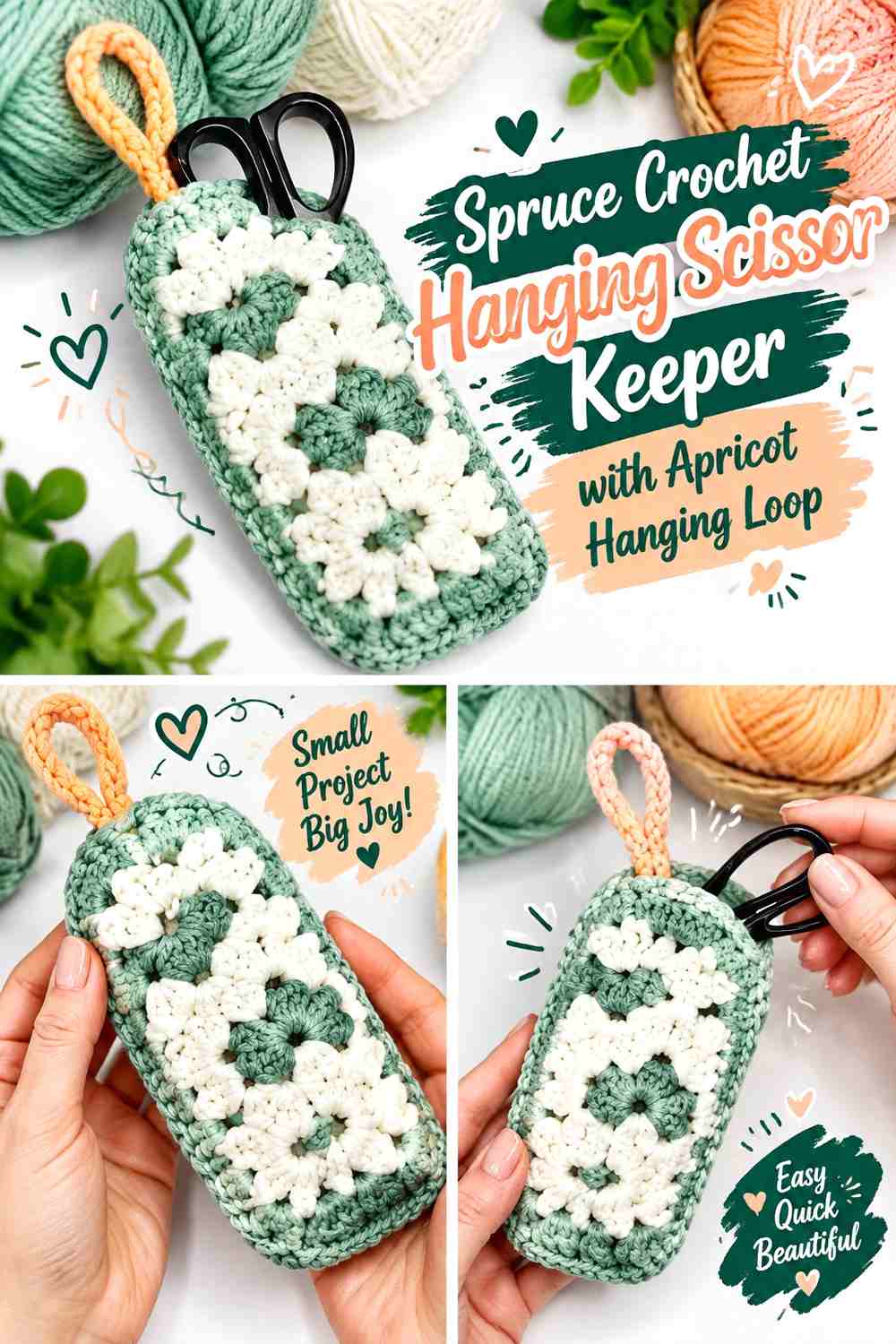 Spruce Crochet Hanging Scissor Keeper with Apricot Hanging Loop