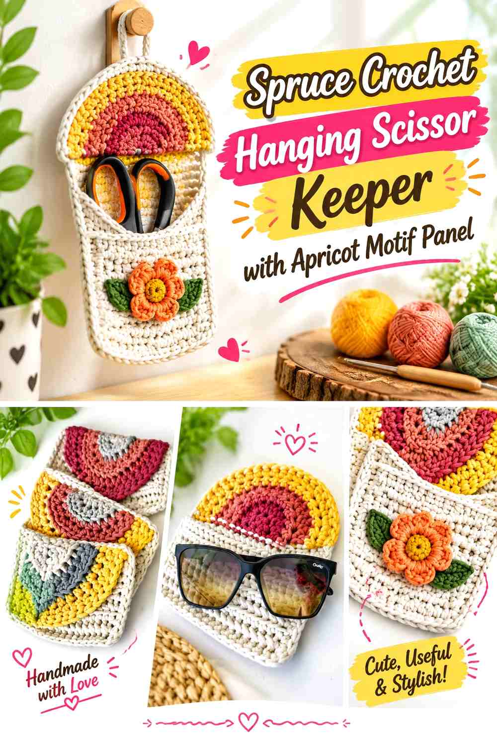 Spruce Crochet Hanging Scissor Keeper with Apricot Motif Panel