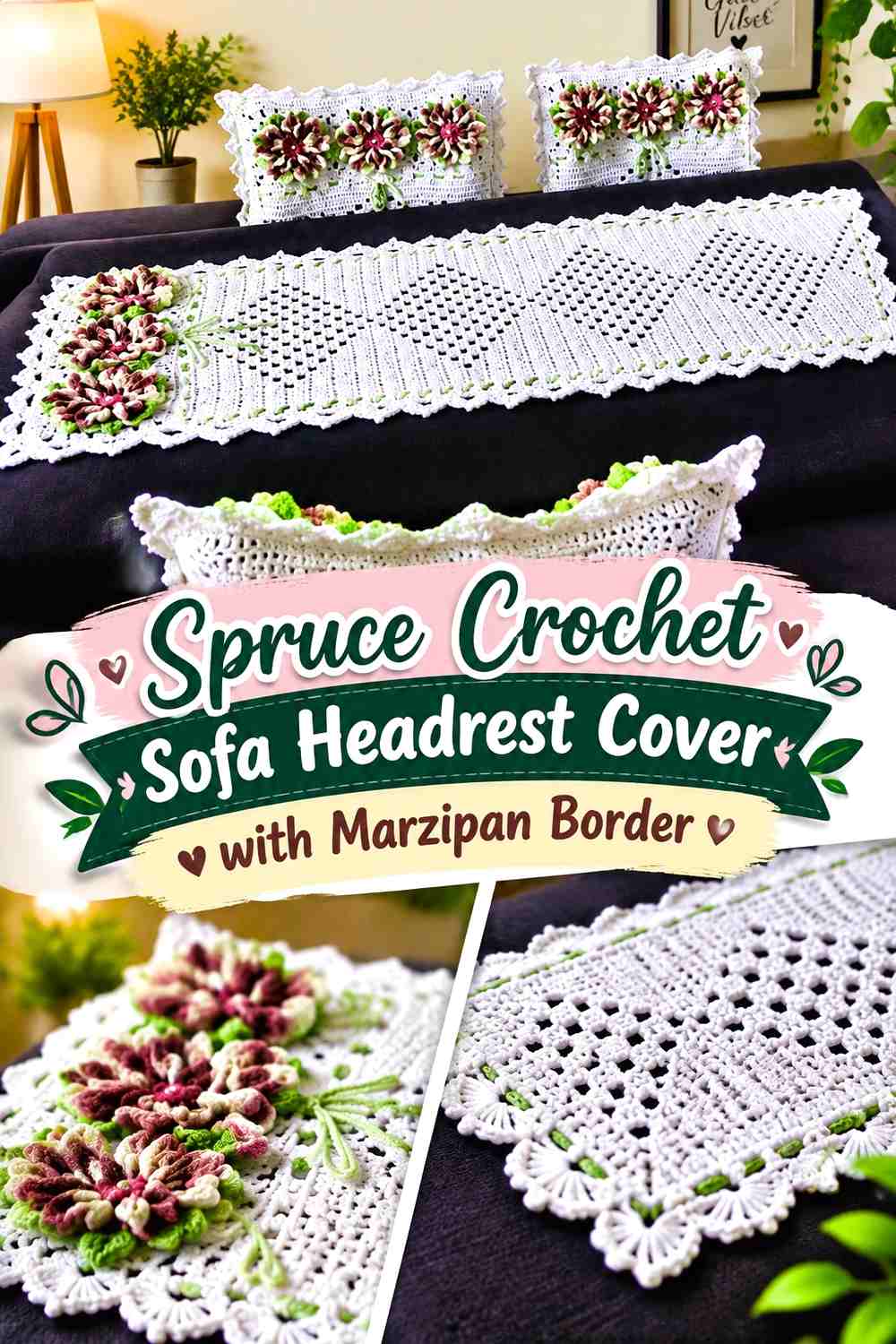 Spruce Crochet Sofa Headrest Cover with Marzipan Border