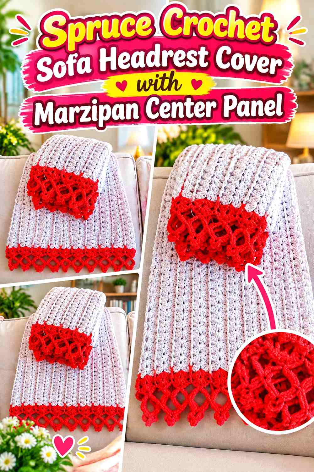Spruce Crochet Sofa Headrest Cover with Marzipan Center Panel