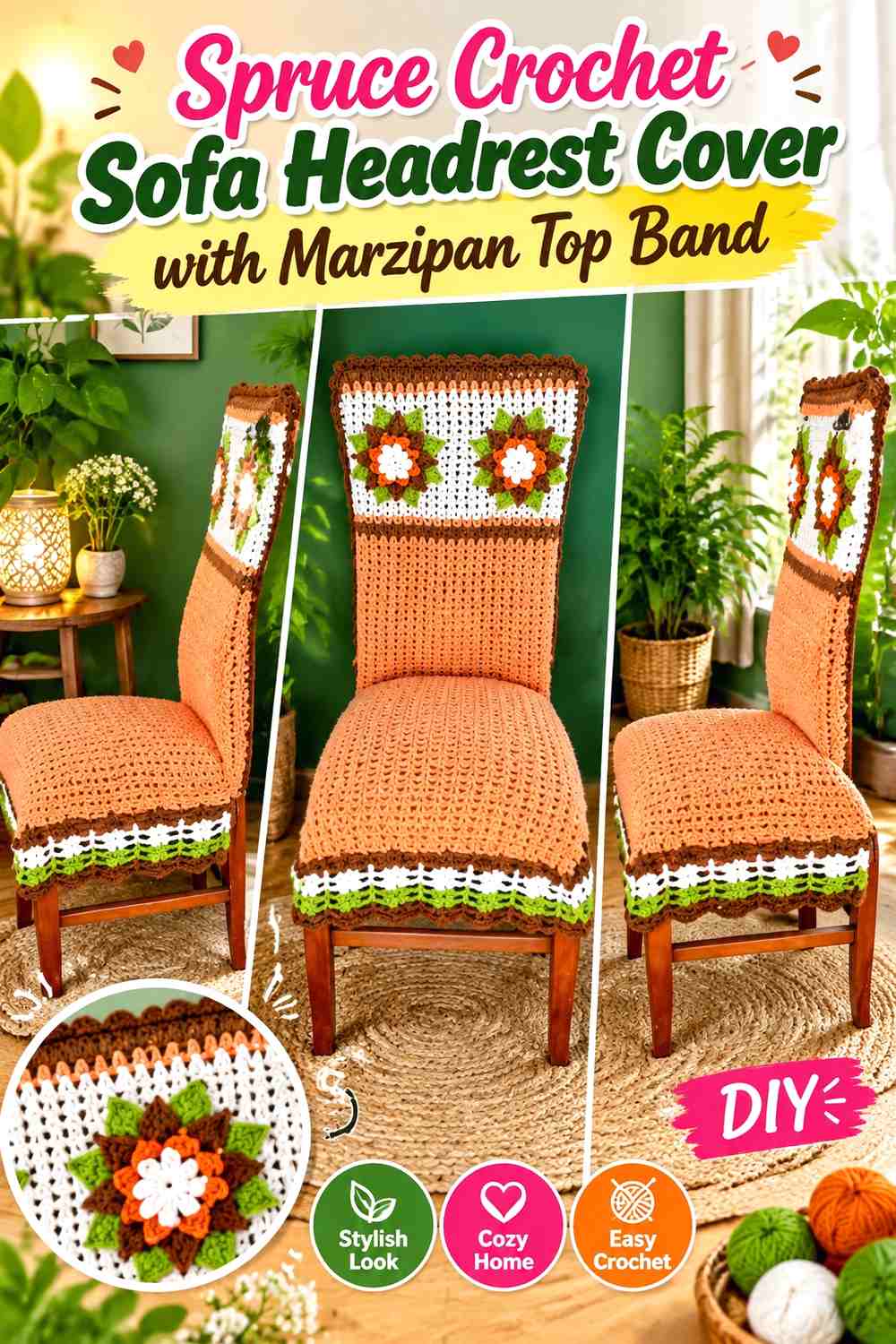 Spruce Crochet Sofa Headrest Cover with Marzipan Top Band