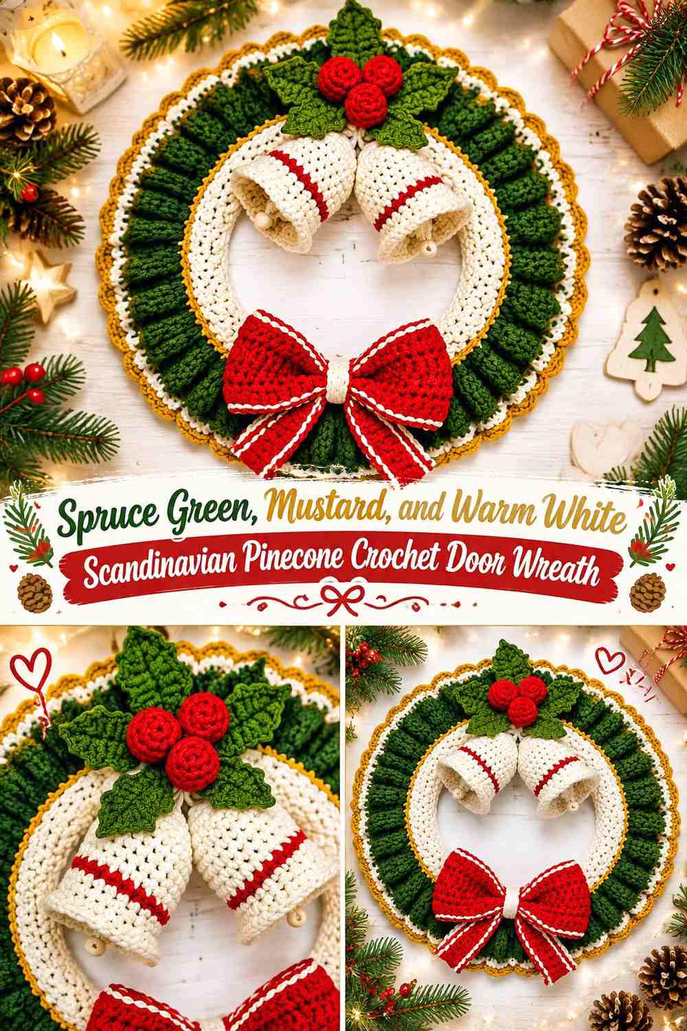 Spruce Green, Mustard, and Warm White Scandinavian Pinecone Crochet Door Wreath