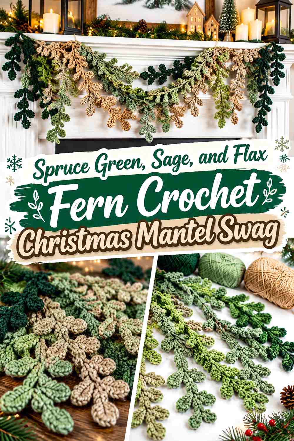 Spruce Green, Sage, and Flax Fern Crochet Christmas Mantel Swag