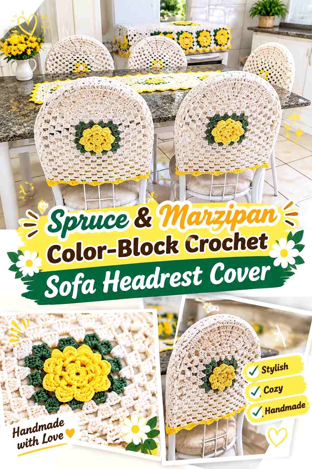 Spruce & Marzipan Color Block Crochet Sofa Headrest Cover