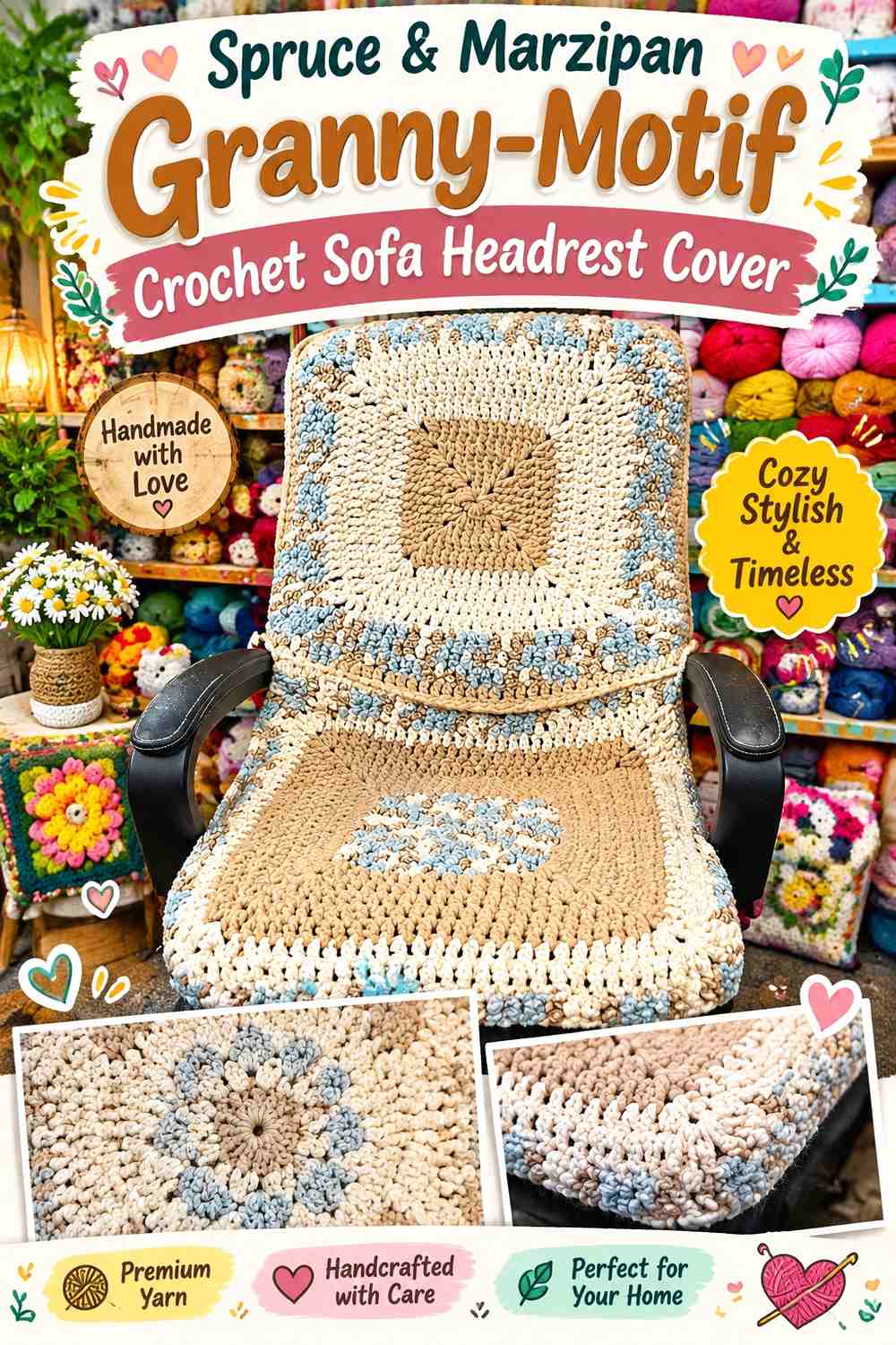 Spruce & Marzipan Granny Motif Crochet Sofa Headrest Cover