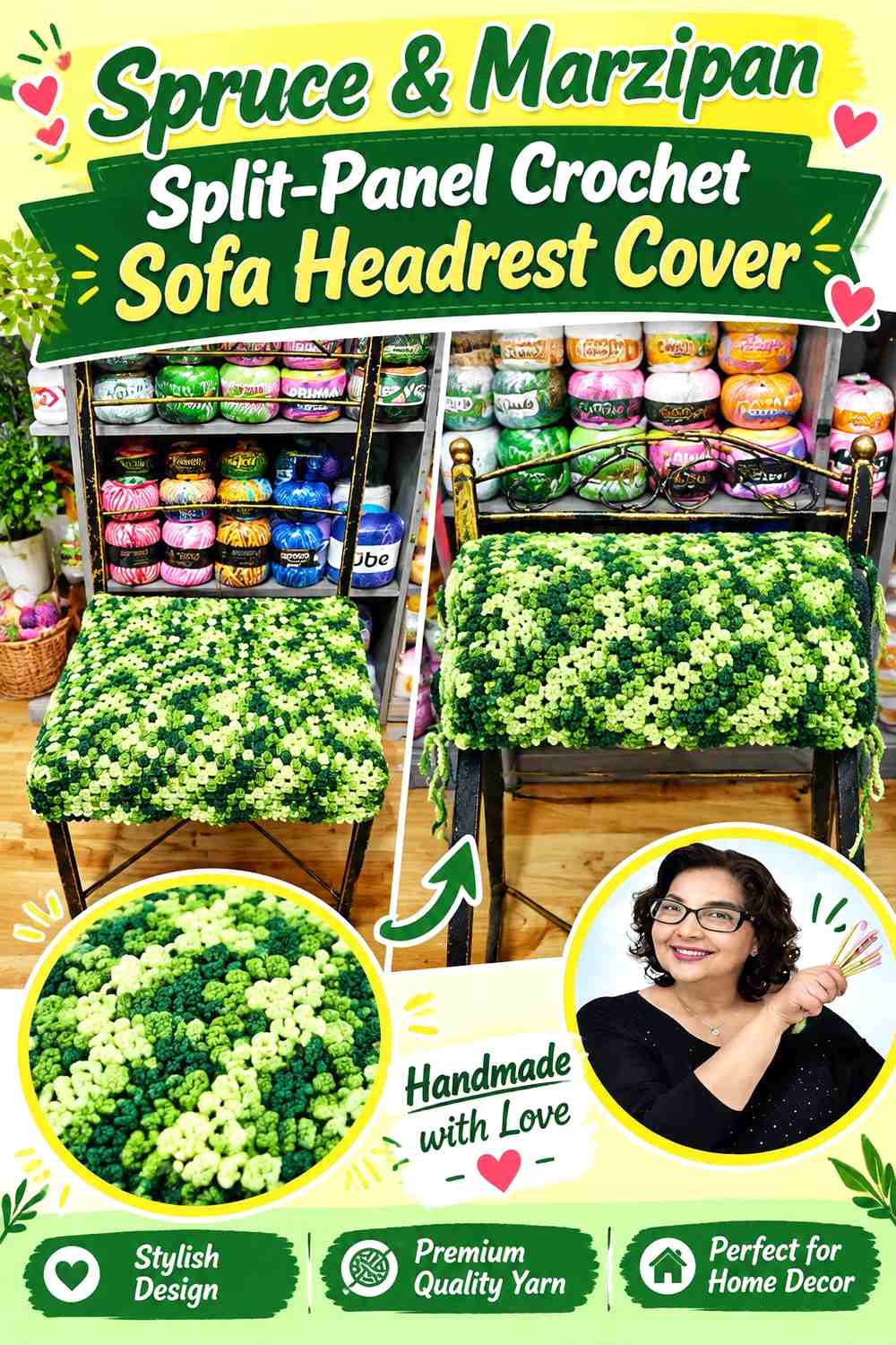 Spruce & Marzipan Split Panel Crochet Sofa Headrest Cover