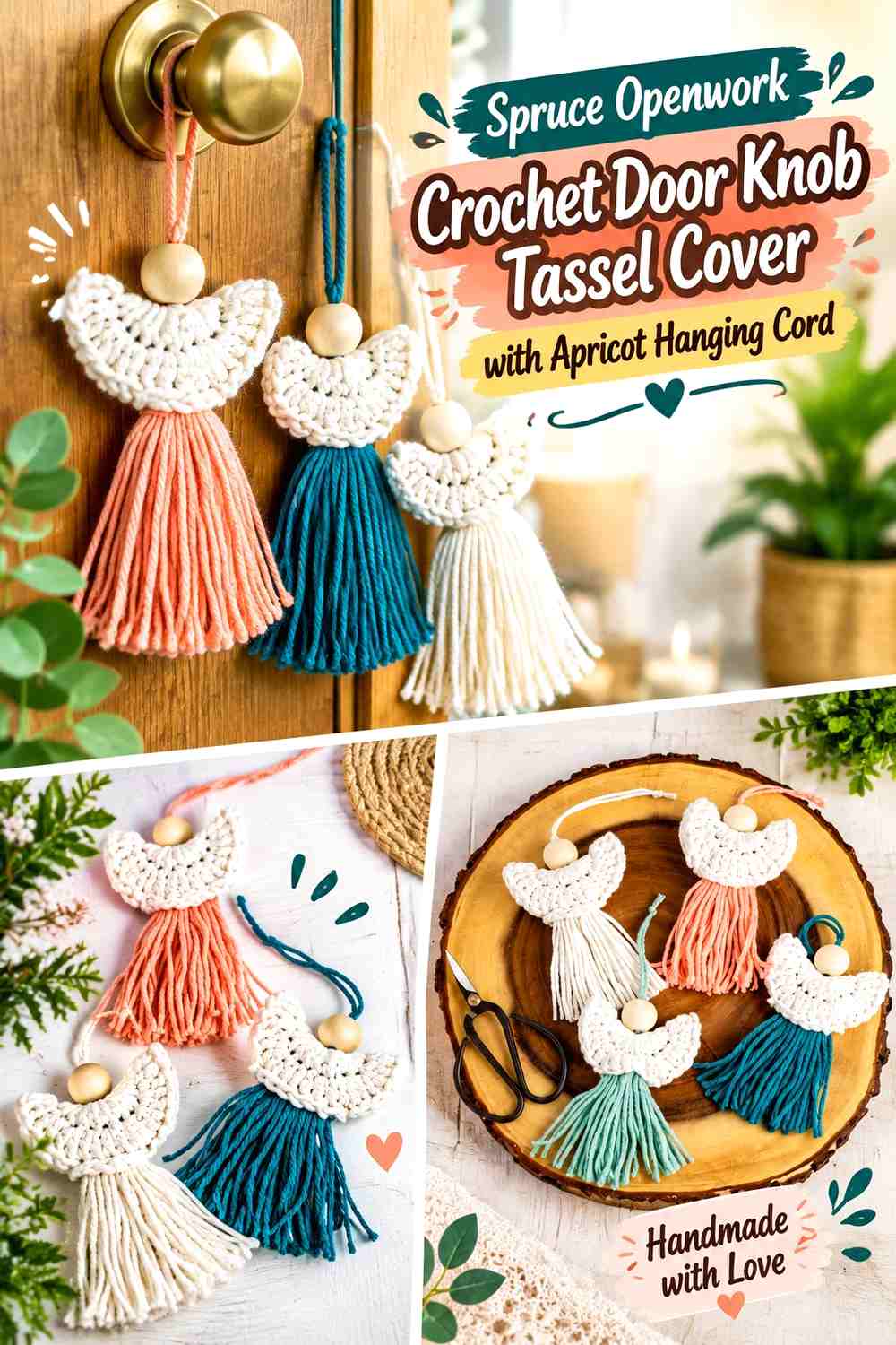 Spruce Openwork Crochet Door Knob Tassel Cover with Apricot Hanging Cord
