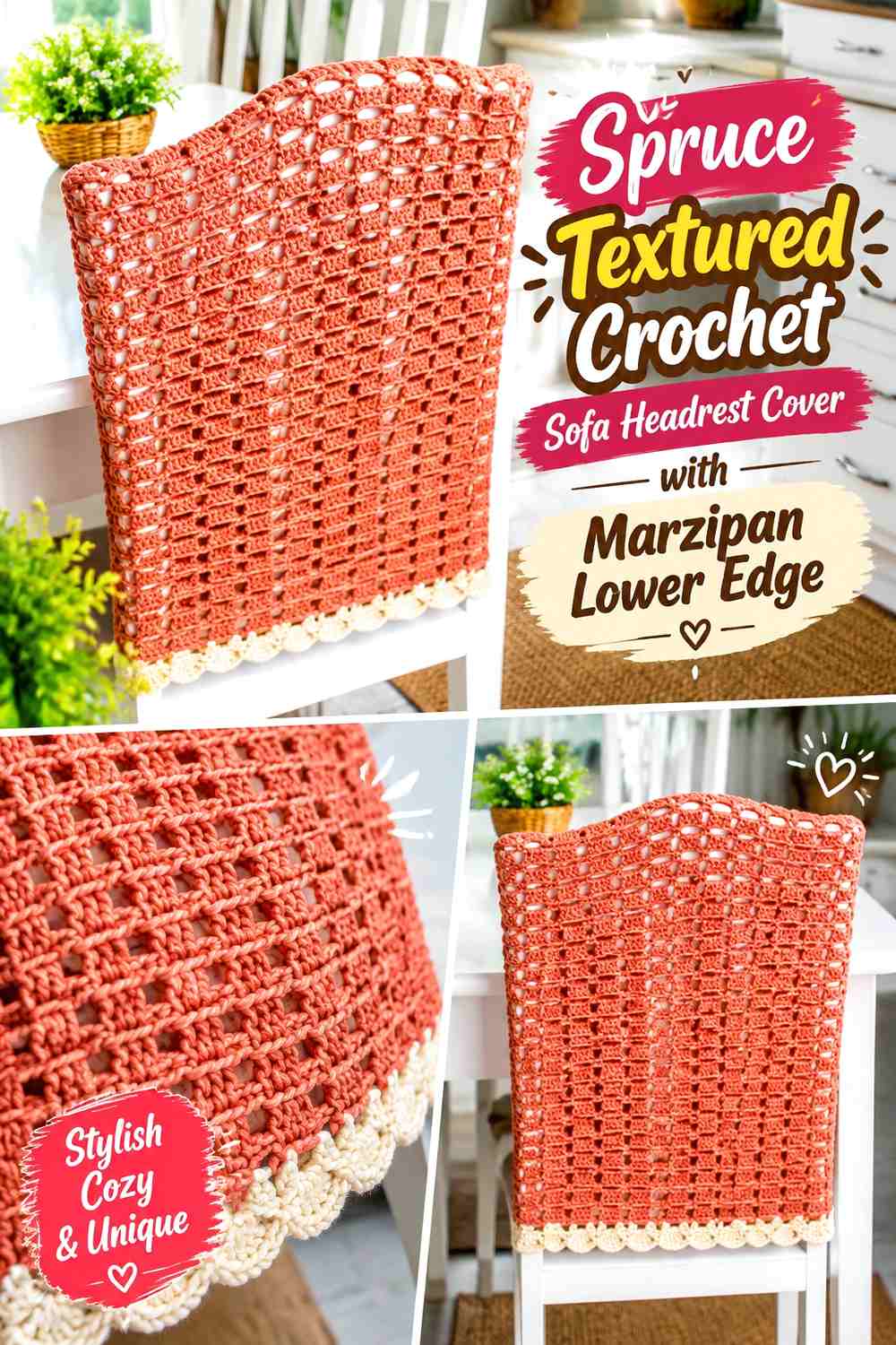 Spruce Textured Crochet Sofa Headrest Cover with Marzipan Lower Edge