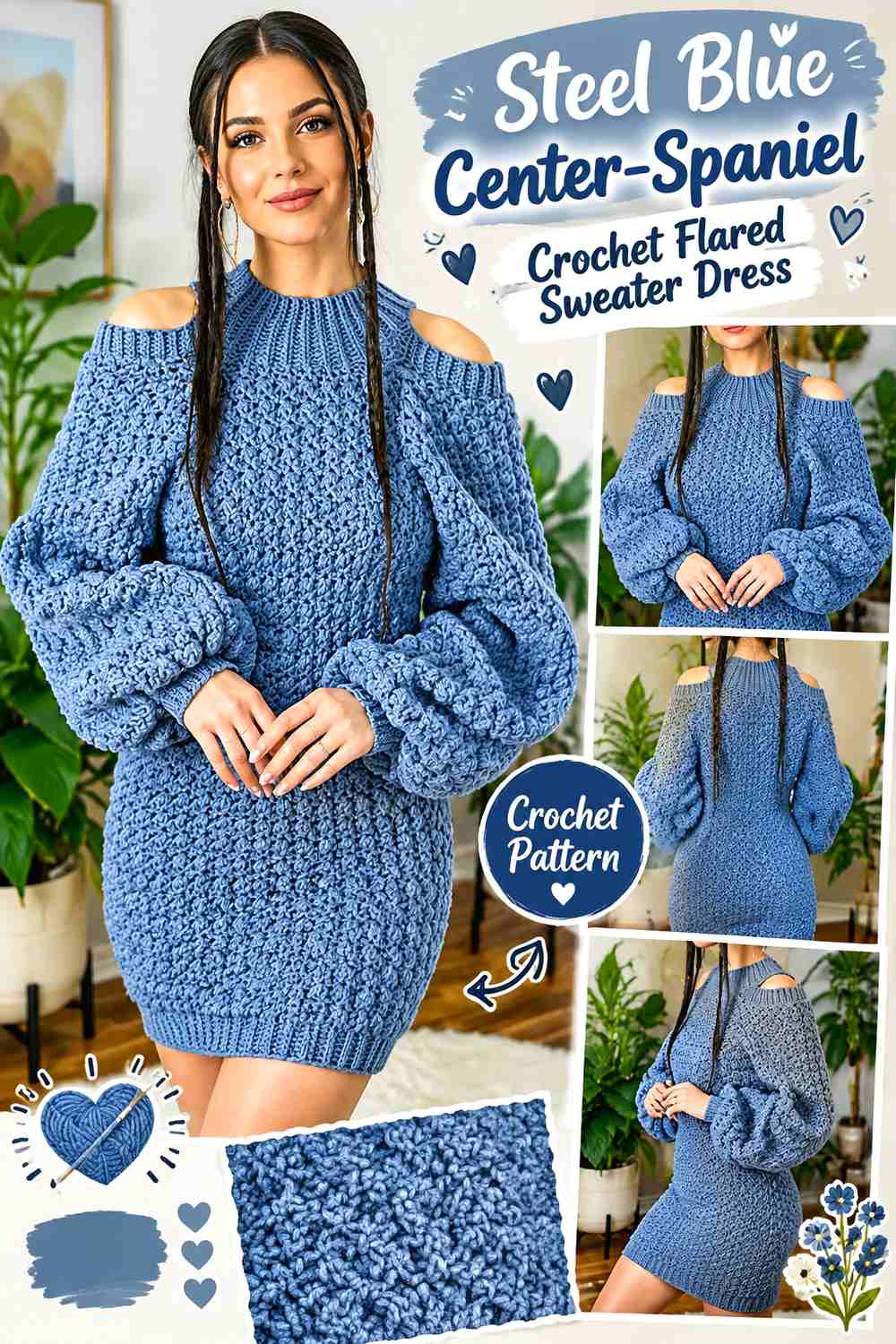 Steel Blue Center-Spaniel Crochet Flared Sweater Dress