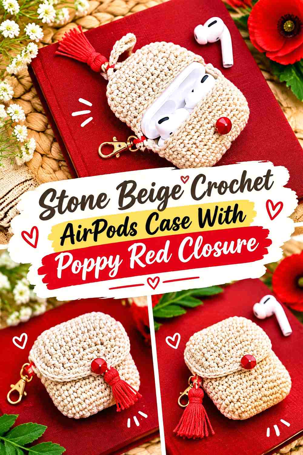3. Stone Beige Crochet Airpods Case With Poppy Red Closure