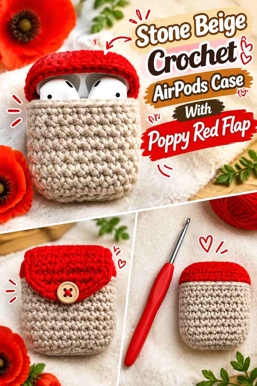 6. Stone Beige Crochet Airpods Case With Poppy Red Flap