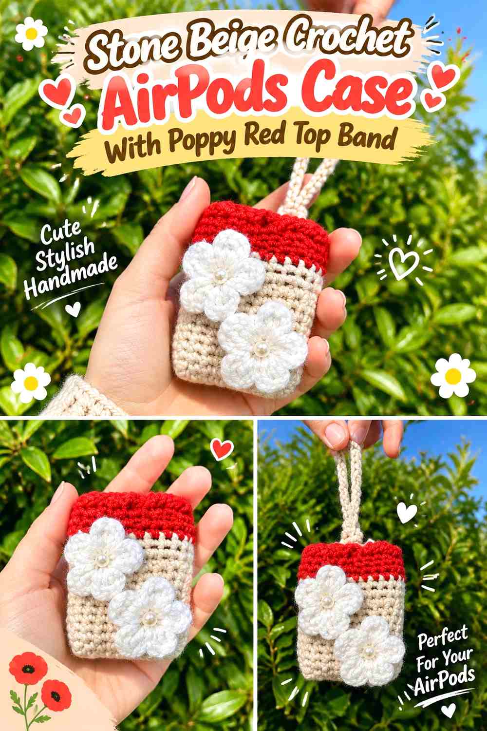 12. Stone Beige Crochet Airpods Case With Poppy Red Top Band