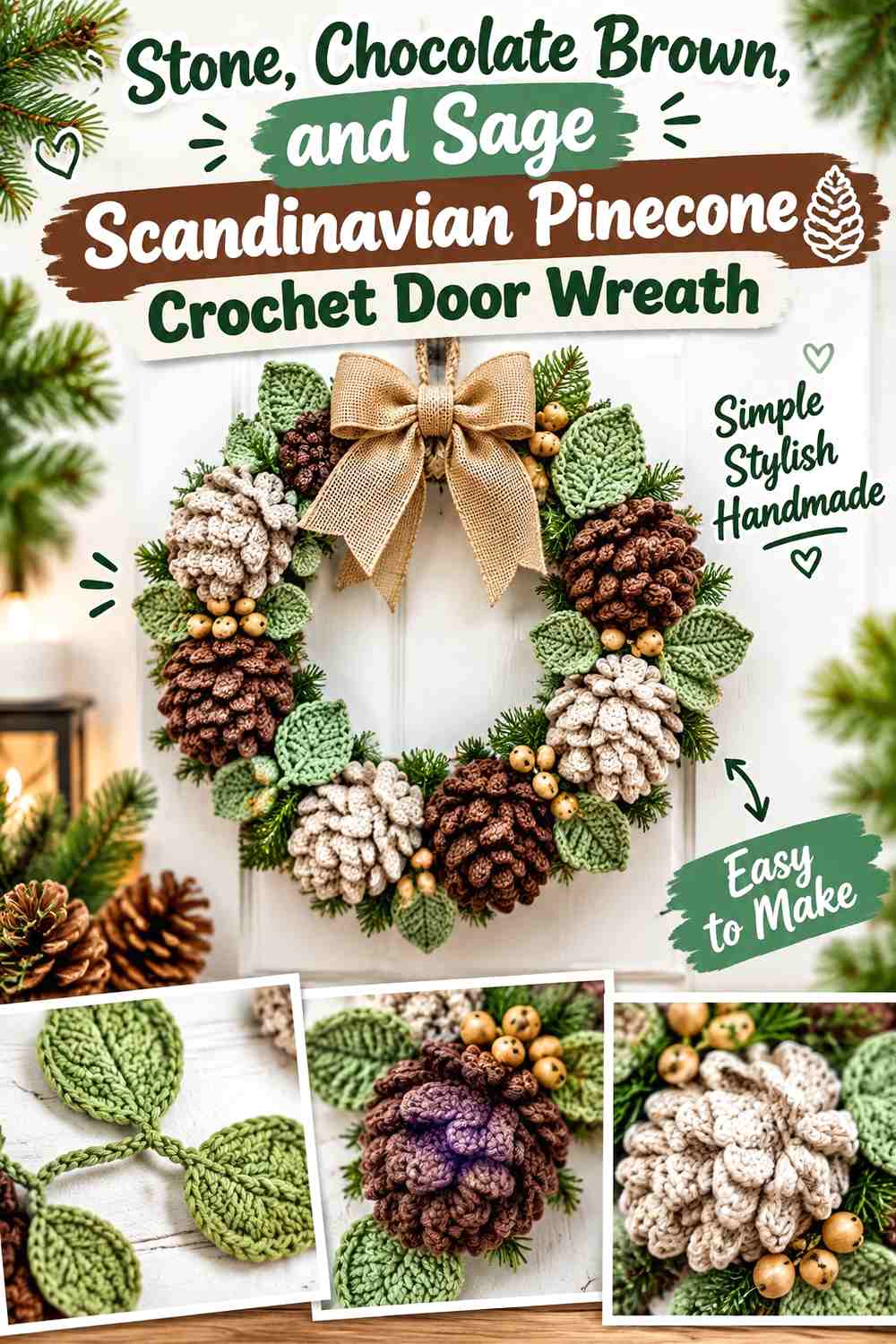 Stone, Chocolate Brown, and Sage Scandinavian Pinecone Crochet Door Wreath