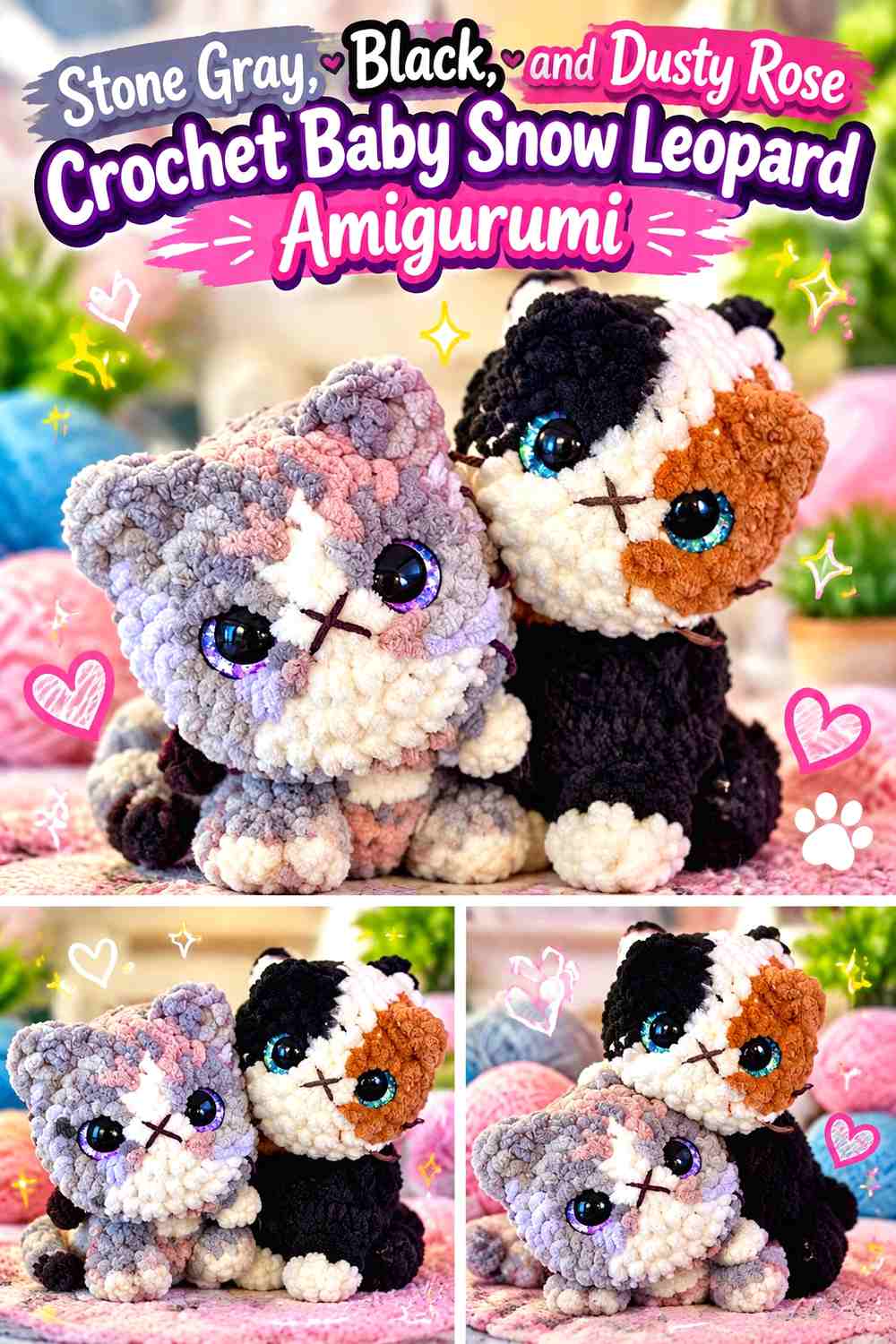 Stone Gray, Black, and Dusty Rose Crochet Baby Snow Leopard Amigurumi