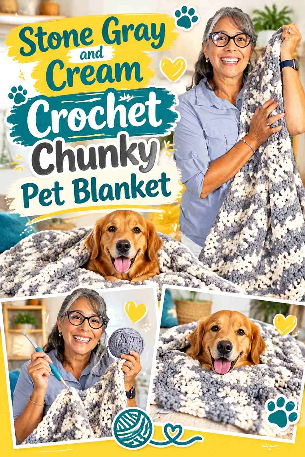 Stone Gray and Cream Crochet Chunky Pet Blanket