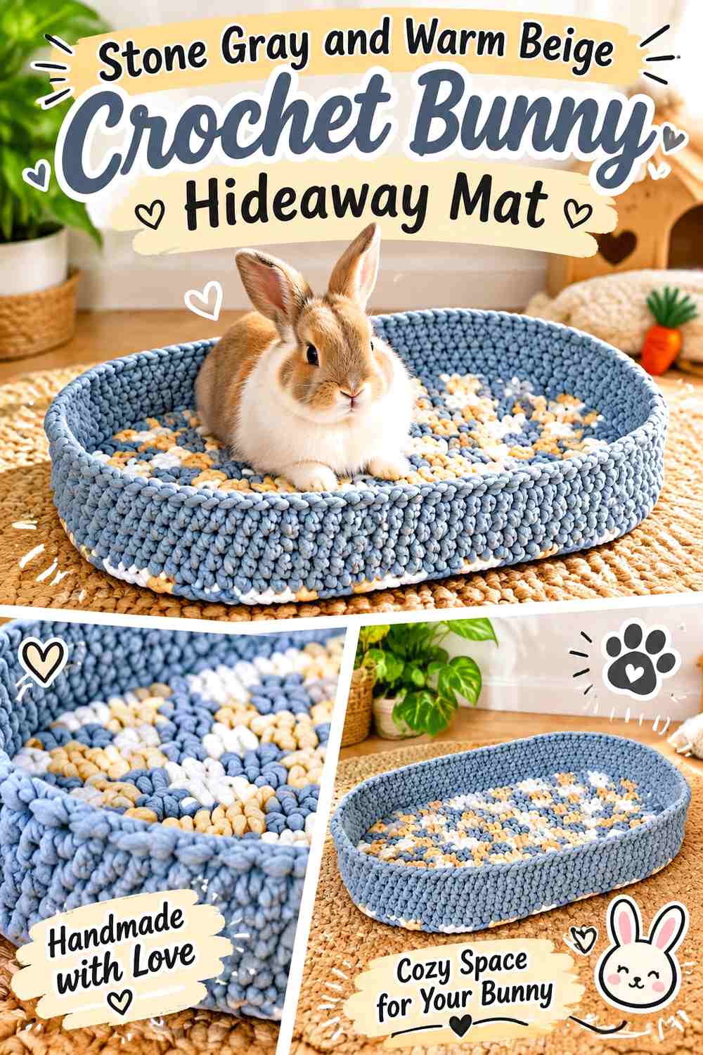 Stone Gray and Warm Beige Crochet Bunny Hideaway Mat