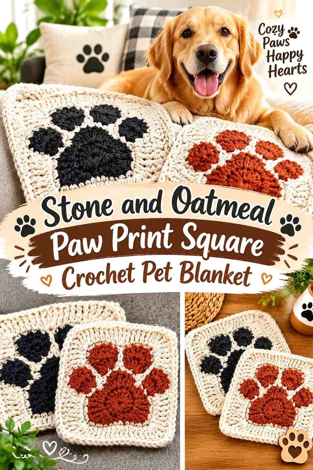 Stone and Oatmeal Paw Print Square Crochet Pet Blanket