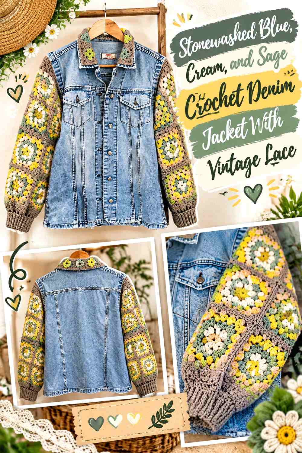 Stonewashed Blue, Cream, and Sage Crochet Denim Jacket With Vintage Lace