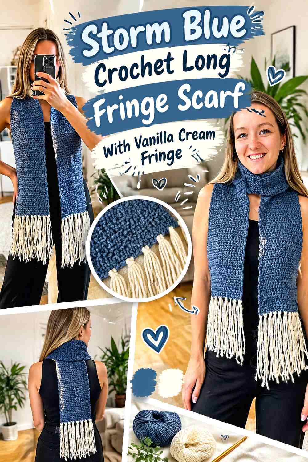 Storm Blue Crochet Long Fringe Scarf With Vanilla Cream Fringe