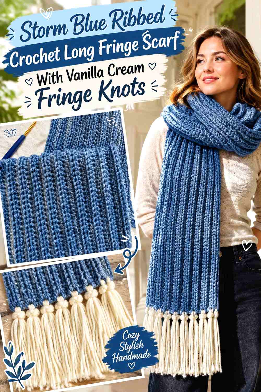Storm Blue Ribbed Crochet Long Fringe Scarf With Vanilla Cream Fringe Knots