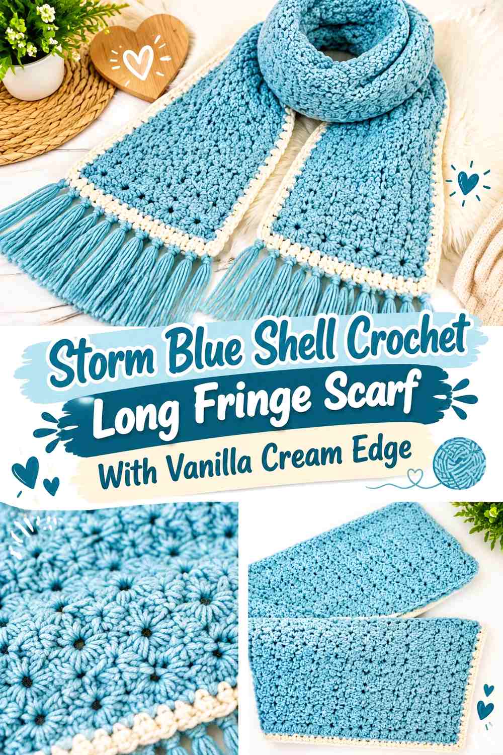 Storm Blue Shell Crochet Long Fringe Scarf With Vanilla Cream Edge