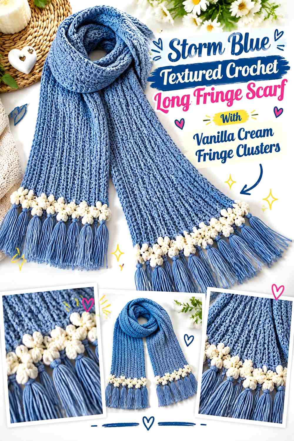 Storm Blue Textured Crochet Long Fringe Scarf With Vanilla Cream Fringe Clusters