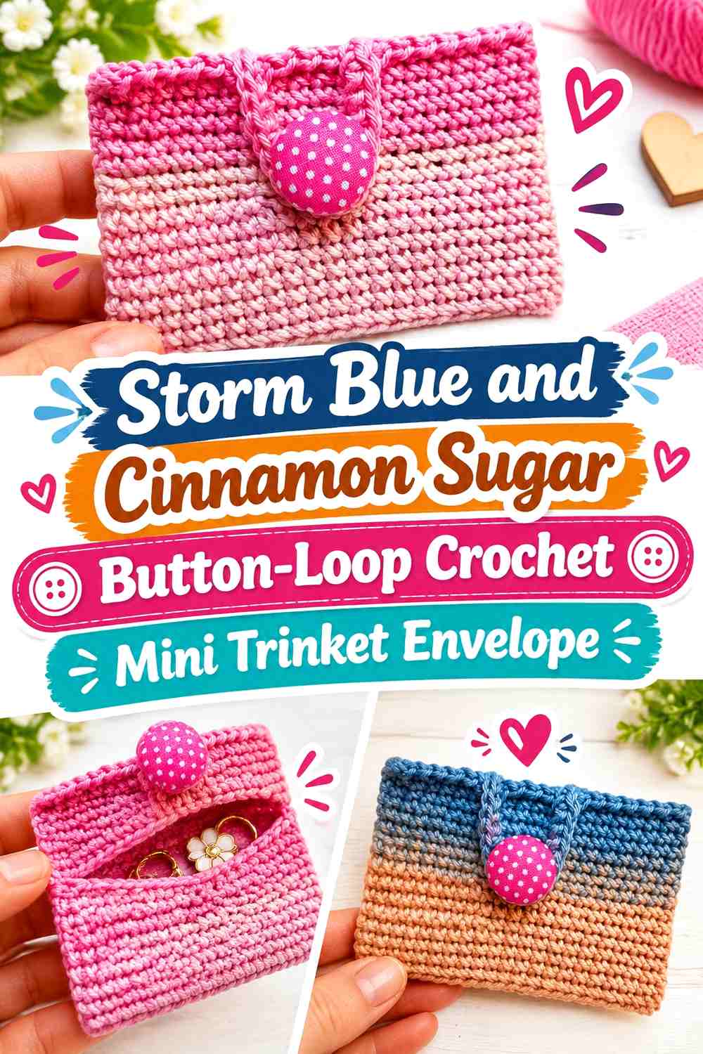 Storm Blue and Cinnamon Sugar Button Loop Crochet Mini Trinket Envelope
