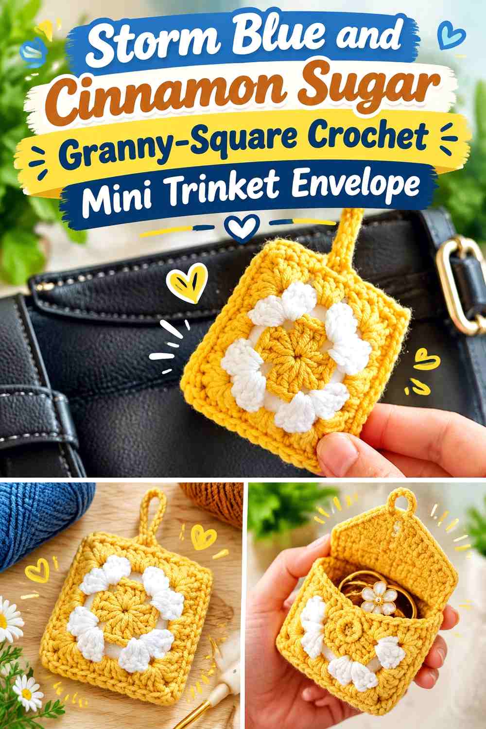 Storm Blue and Cinnamon Sugar Granny Square Crochet Mini Trinket Envelope