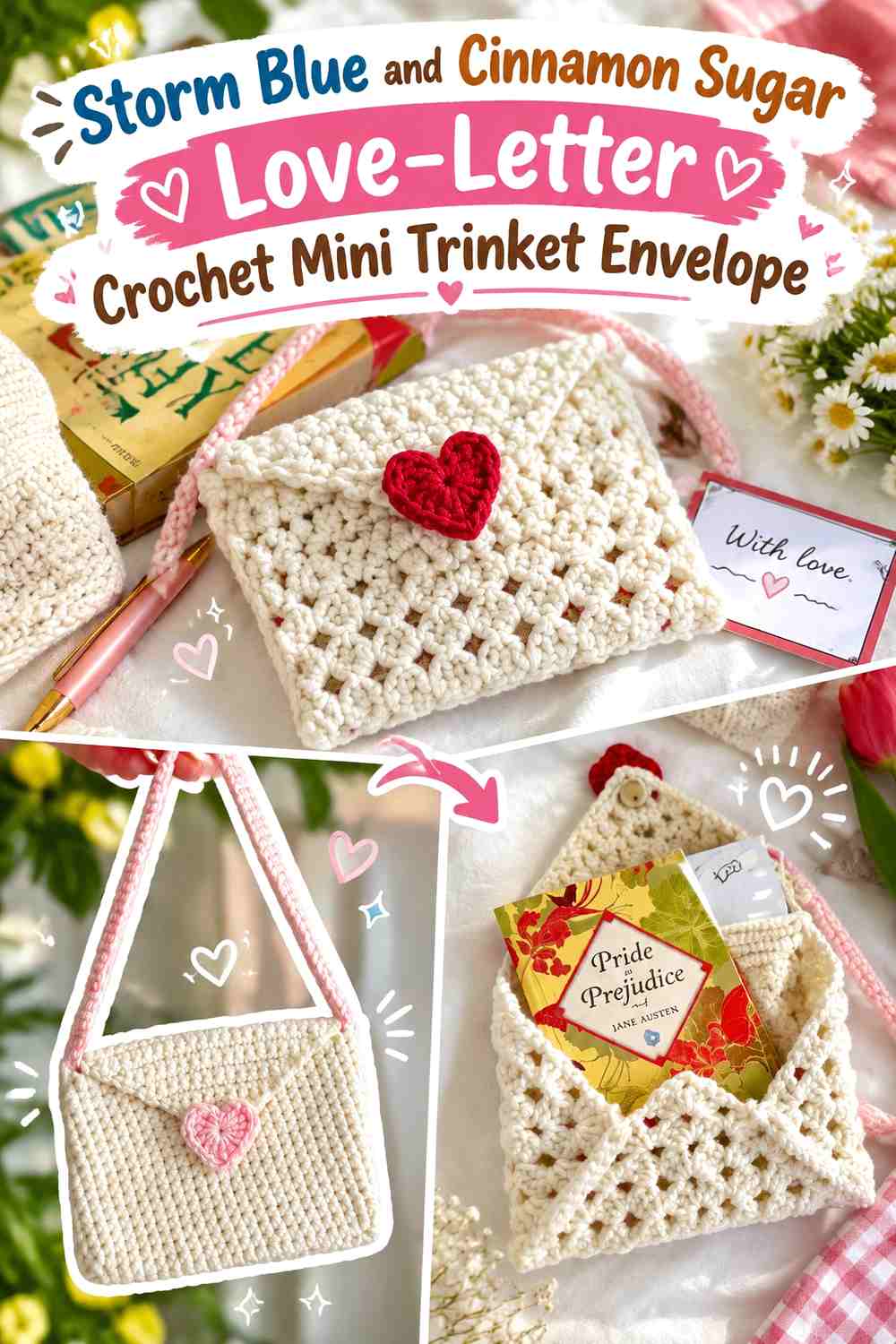 Storm Blue and Cinnamon Sugar Love Letter Crochet Mini Trinket Envelope