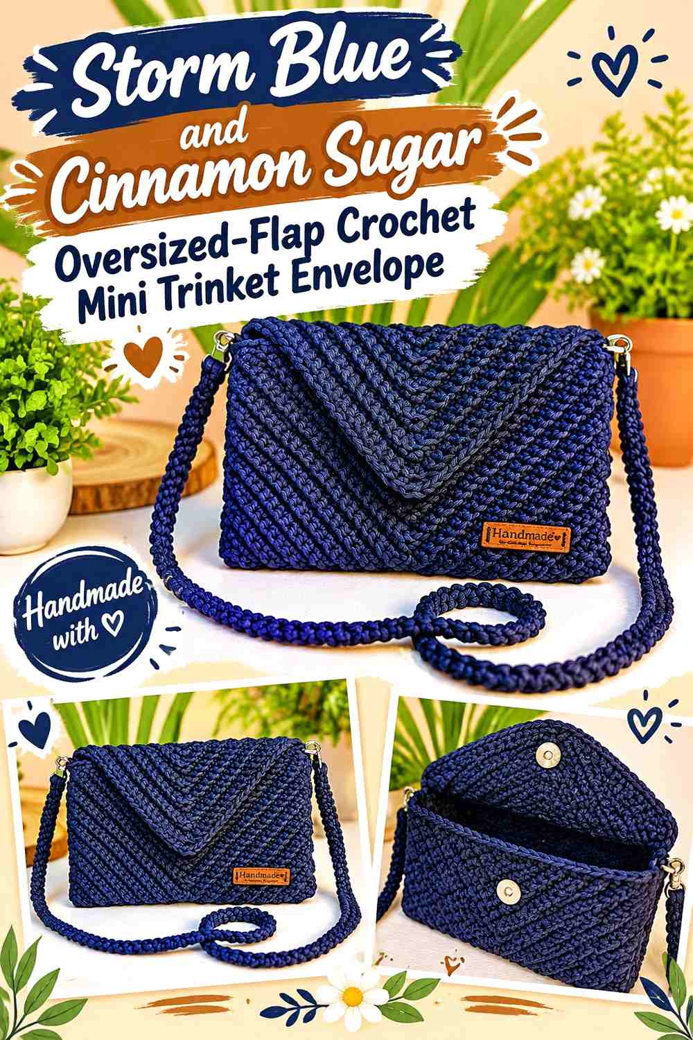 Storm Blue and Cinnamon Sugar Oversized Flap Crochet Mini Trinket Envelope