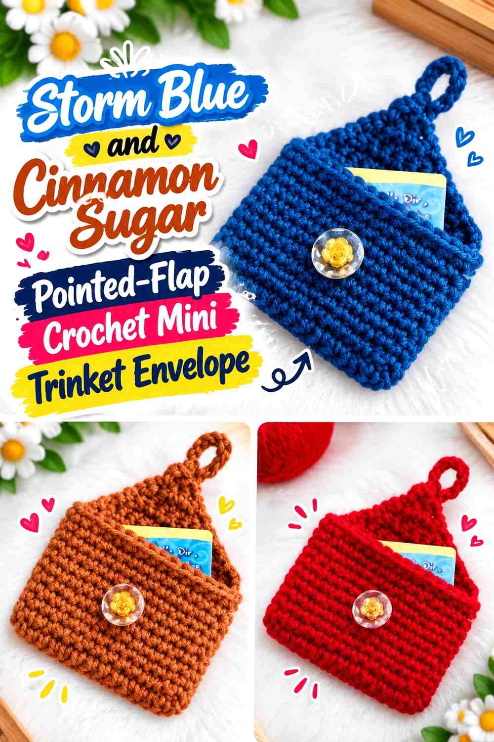 Storm Blue and Cinnamon Sugar Pointed Flap Crochet Mini Trinket Envelope