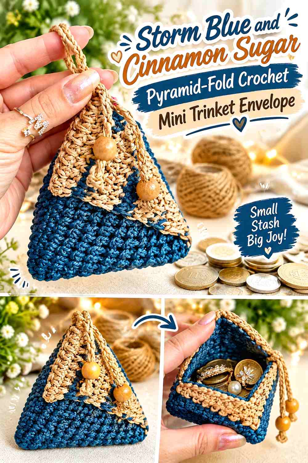 Storm Blue and Cinnamon Sugar Pyramid Fold Crochet Mini Trinket Envelope