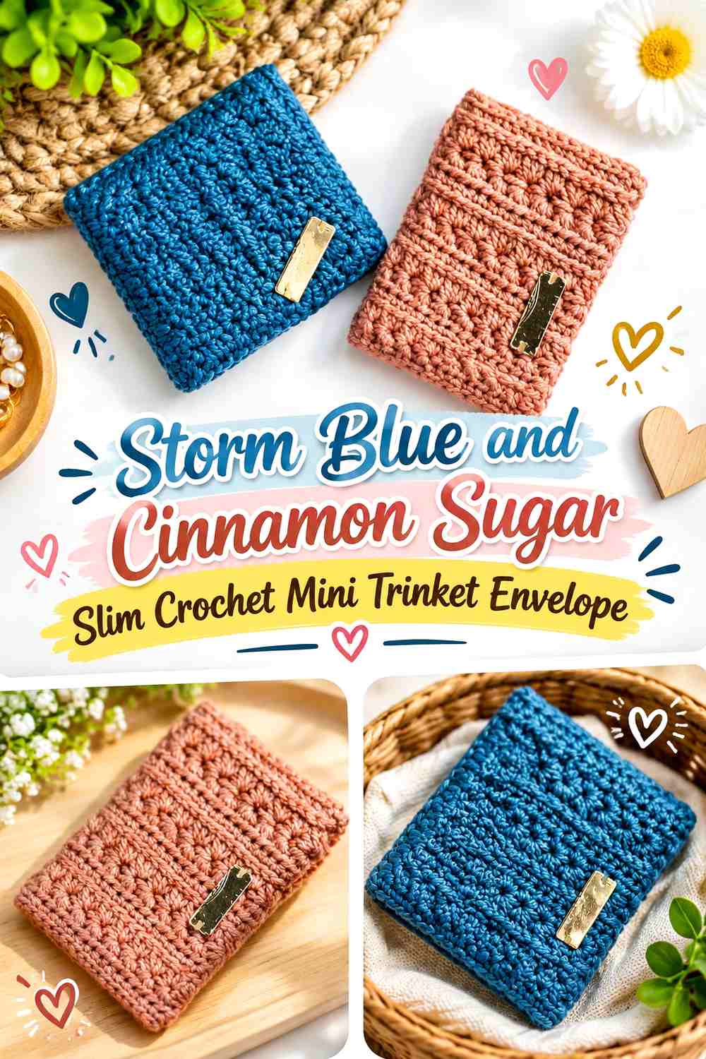 Storm Blue and Cinnamon Sugar Slim Crochet Mini Trinket Envelope