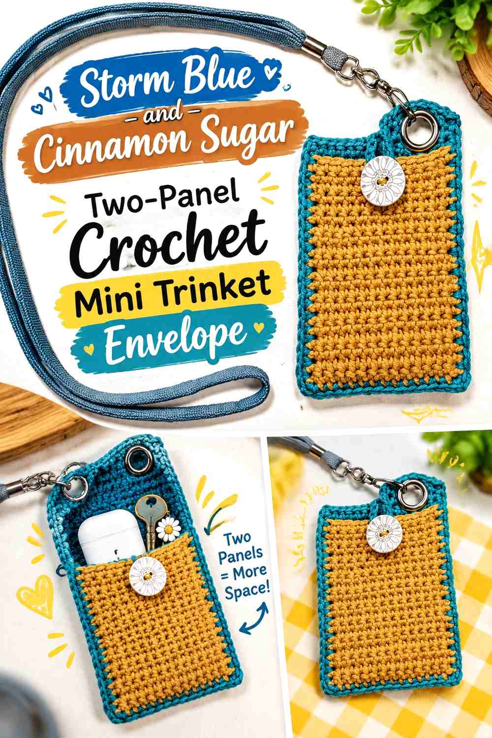 Storm Blue and Cinnamon Sugar Two Panel Crochet Mini Trinket Envelope