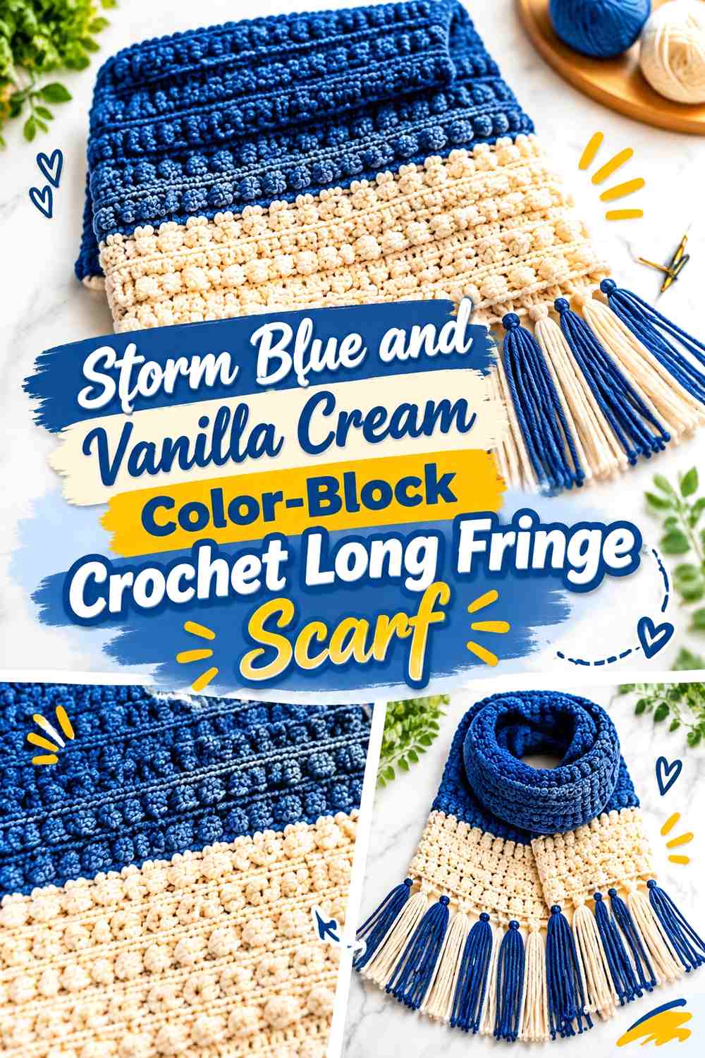 Storm Blue and Vanilla Cream Color-Block Crochet Long Fringe Scarf