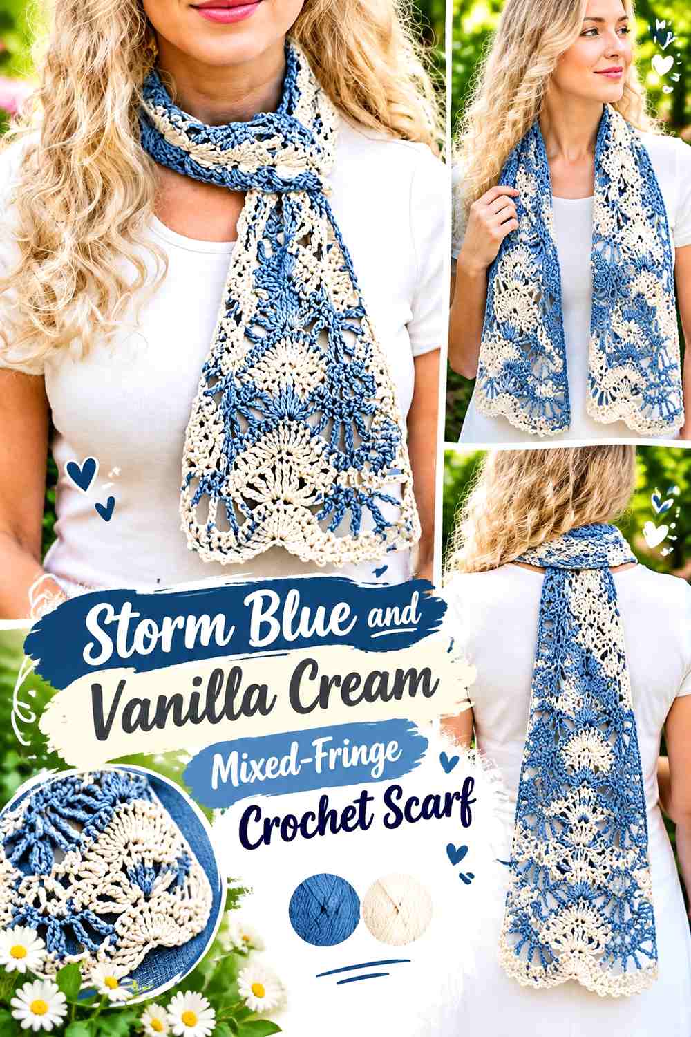Storm Blue and Vanilla Cream Mixed-Fringe Crochet Scarf