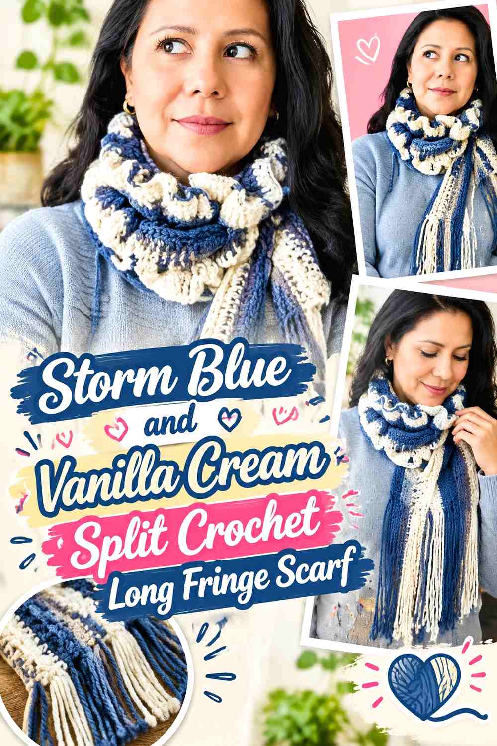 Storm Blue and Vanilla Cream Split Crochet Long Fringe Scarf
