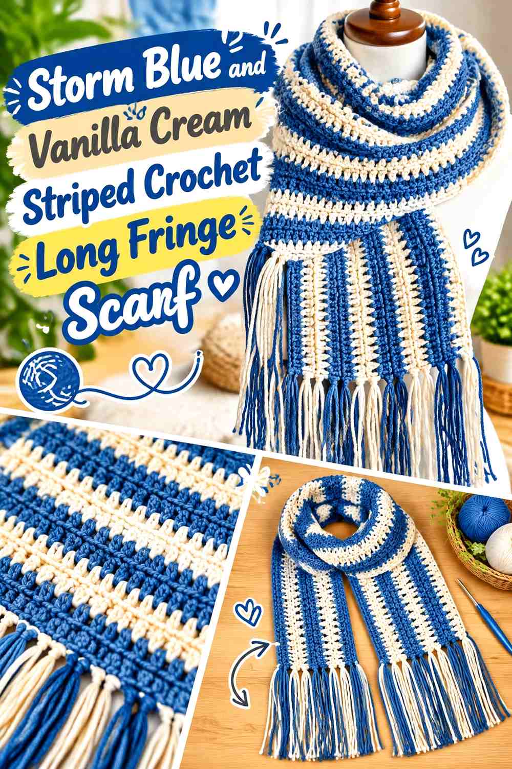 Storm Blue and Vanilla Cream Striped Crochet Long Fringe Scarf