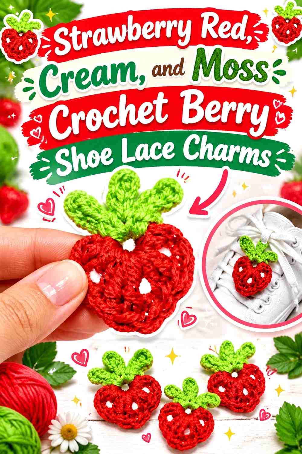 Strawberry Red, Cream, and Moss Crochet Berry Shoe Lace Charms