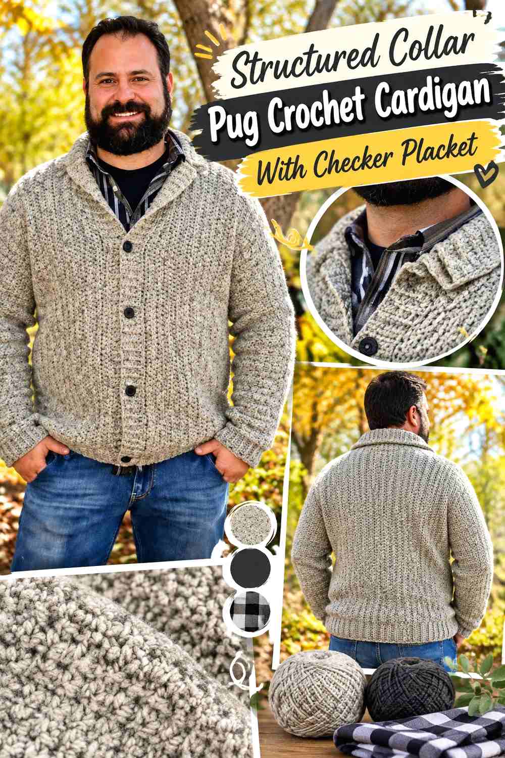 Structured Collar Pug Crochet Cardigan With Checker Placket