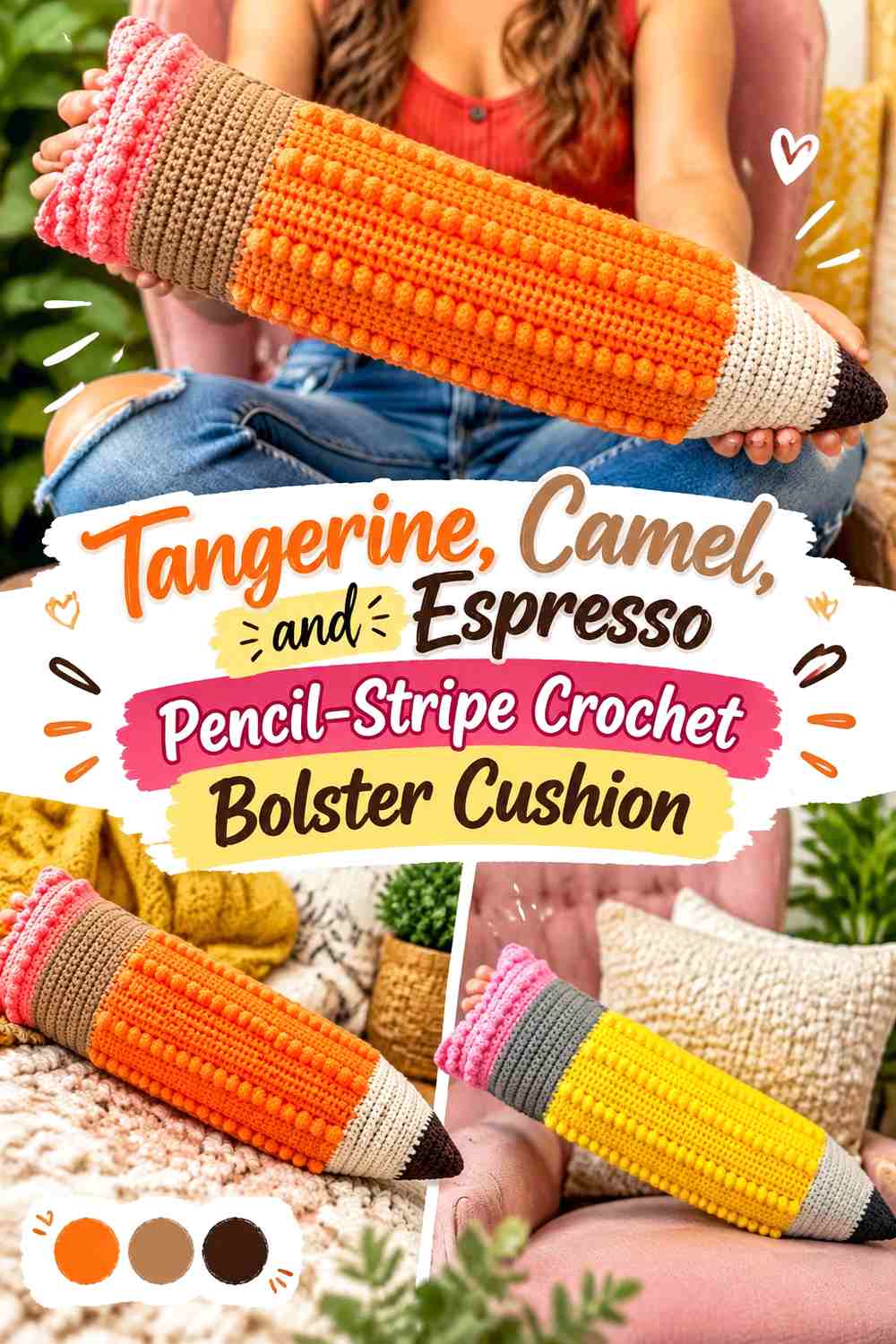 Tangerine, Camel, and Espresso Pencil-Stripe Crochet Bolster Cushion