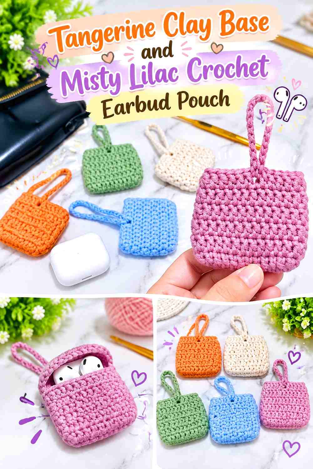 Tangerine Clay Base and Misty Lilac Crochet Earbud Pouch