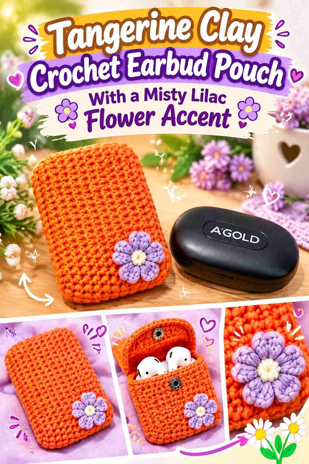 Tangerine Clay Crochet Earbud Pouch With a Misty Lilac Flower Accent